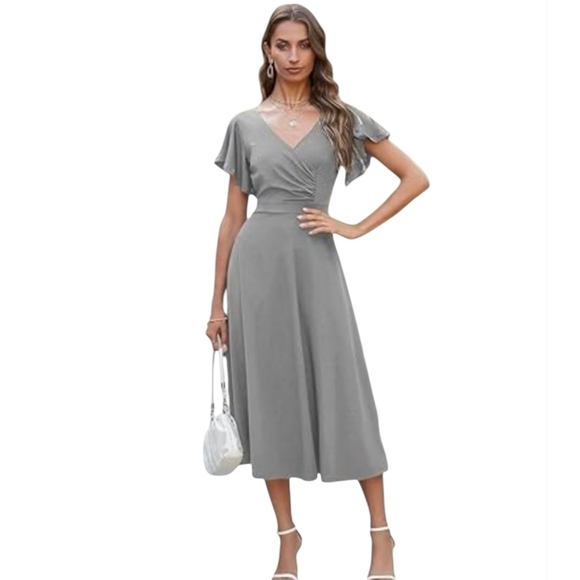 Dokotoo Women's Deep V Neck Midi Empire Waist Dress Medium Grey Short Sleeve - Picture 1 of 6